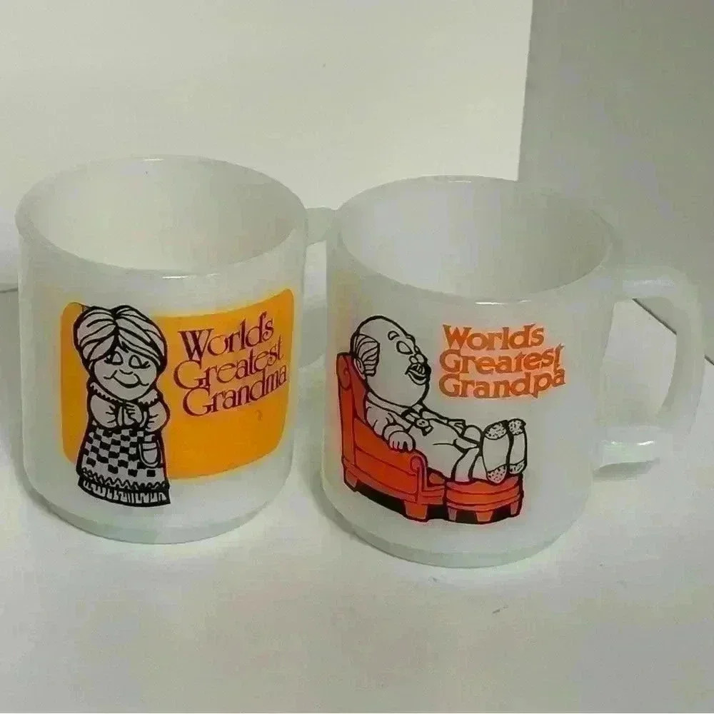 Set of 2 vintage Glasbake milk glass coffee mugs for grandma and grandpa